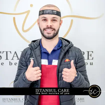 Istanbul Care patient at the Istanbul clinic on the day of their hair transplant