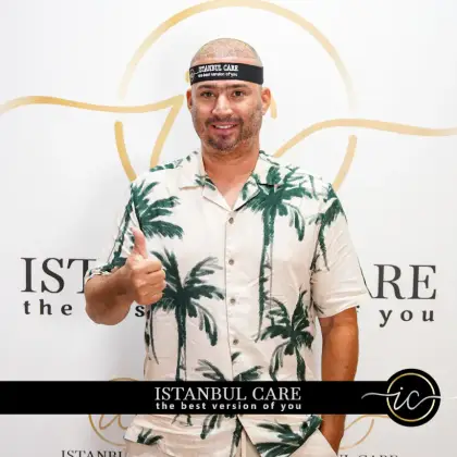 Istanbul Care patient at the Istanbul clinic on the day of their hair transplant