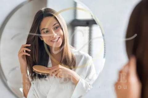 Woman brushing her long healthy hair, the length patients keep with a no-shave long hair FUE transplant