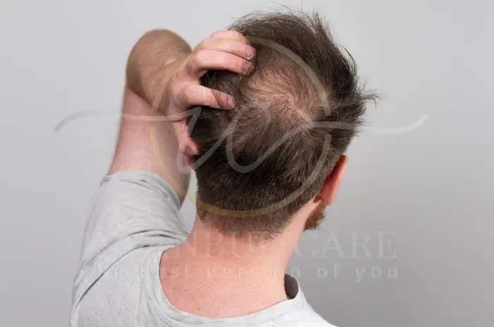 Un hombre no identificado fotografiado desde atrás levantándose el pelo con una mano para exponer la pérdida de densidad en la coronilla.