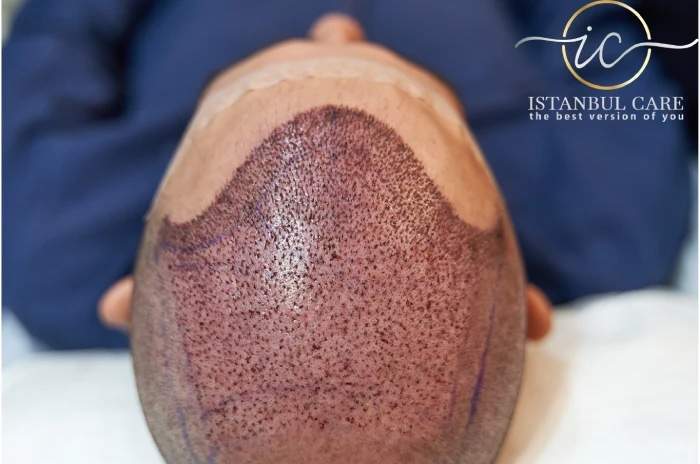 Top-down view of an unidentified patient's shaved scalp at the end of a session, the recipient area covered in thousands of small dots marking individual placed grafts.