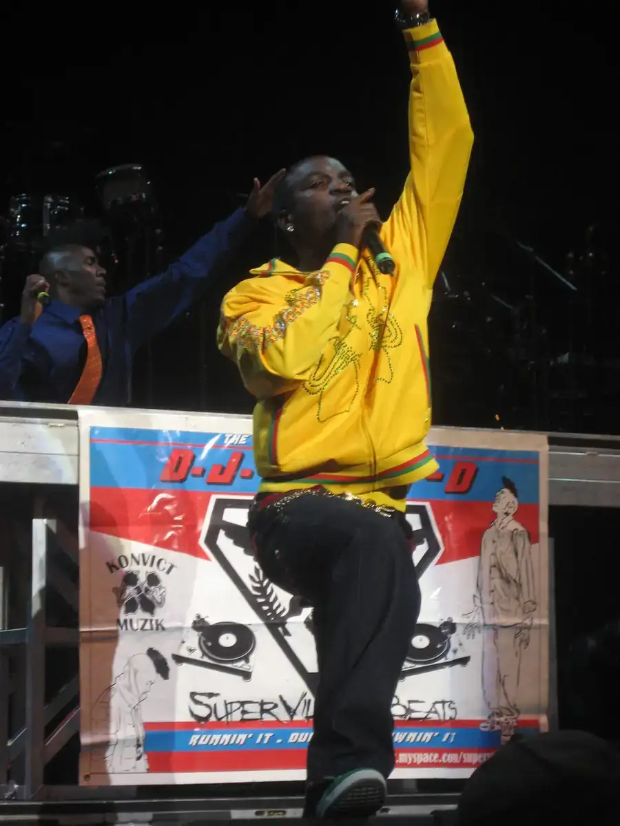 Akon performing on stage in a yellow tracksuit, photographed from the audience below stage level, with his head small in the frame and the hairline not readable.