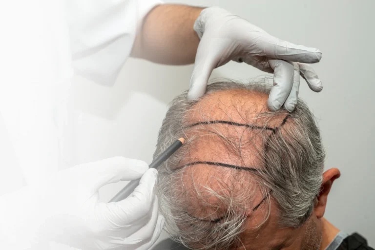 Gloved hands drawing a curved hairline in marker across the forehead of an unidentified grey-haired man before a procedure.