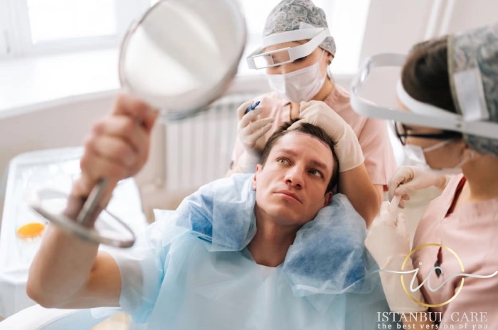 An unidentified patient in a surgical cap holding a hand mirror up to his own face while two clinicians work around him.