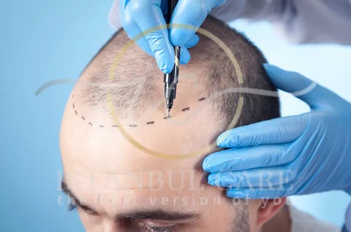 Mani guantate di blu che disegnano un'attaccatura tratteggiata con un pennarello chirurgico sulla fronte di un paziente non identificato con capelli diradati.