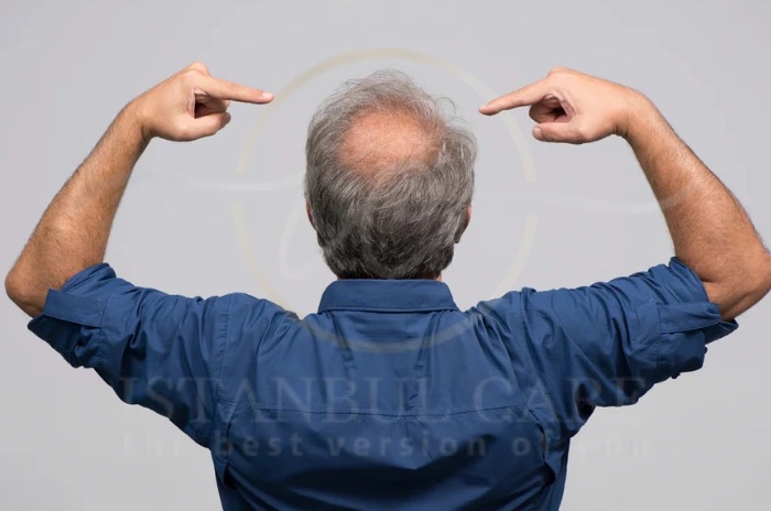 An unidentified man photographed from behind against a plain background, pointing both index fingers at the bald area on top of his own head.