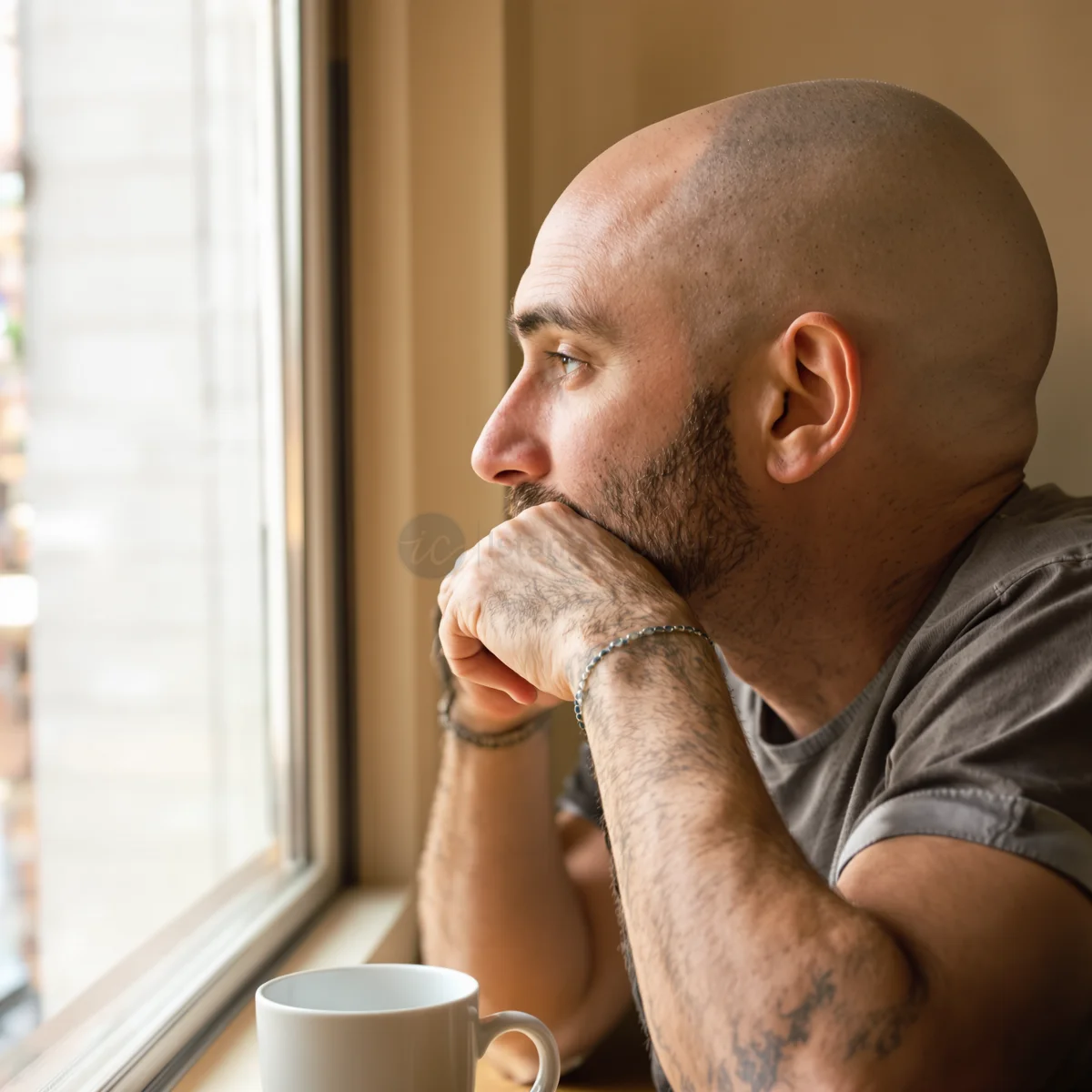 Uomo con perdita completa dei capelli da alopecia totalis, barba intatta, che guarda fuori dalla finestra – Istanbul Care
