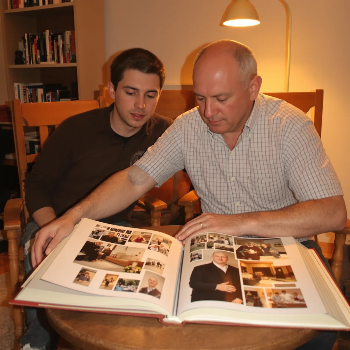Un padre con calvizie maschile a chiazze e suo figlio adulto che guardano un album fotografico