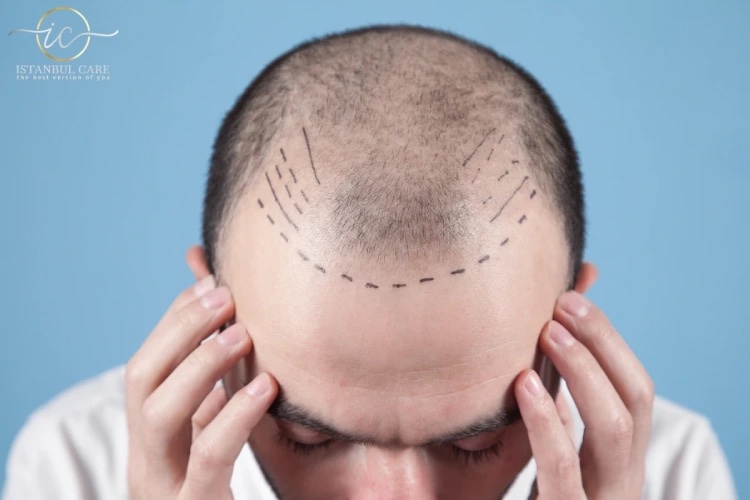 Haaransatz-Design mit chirurgischem Stift auf der Kopfhaut eines Patienten vor einer Haartransplantation.