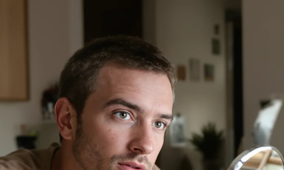 Man checking his hairline and temples with a handheld mirror at home