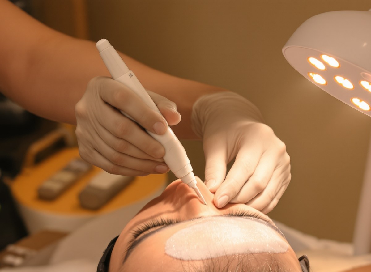Practitioner guiding a microneedling pen along the hairline of a patient lying under a clinic lamp