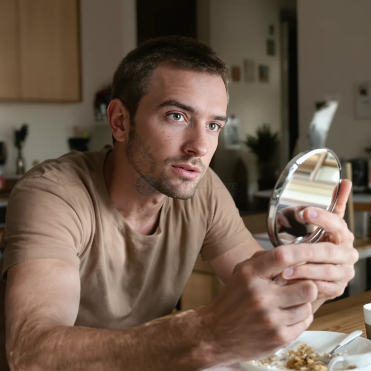 Man checking eyebrow regrowth progress with a hand mirror at home during the eyebrow growth cycle