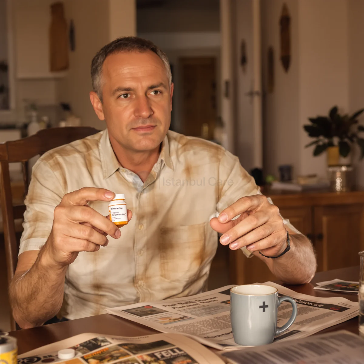Man reading the label of a finasteride bottle at his kitchen table before starting the daily tablet – Istanbul Care