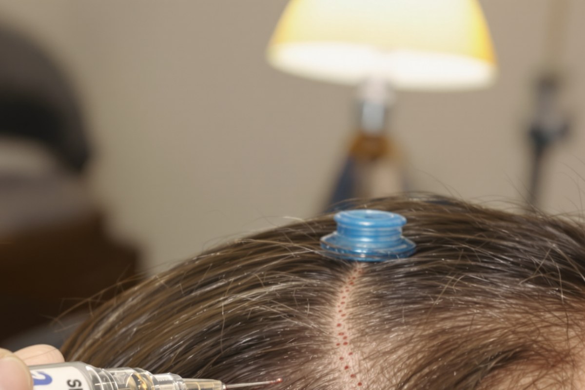 Fine needle injecting along a scalp parting marked with a row of small red mesotherapy injection points