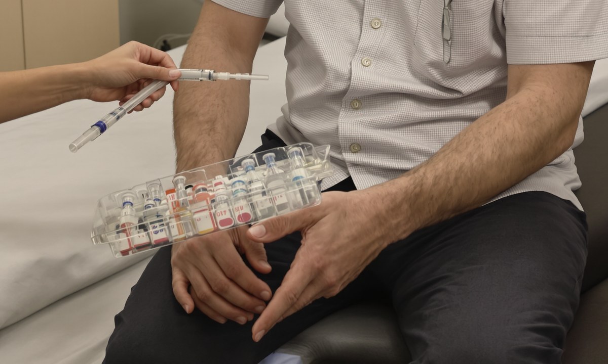 Nurse holding a syringe beside a tray of labelled mesotherapy vials resting on a seated patient's lap