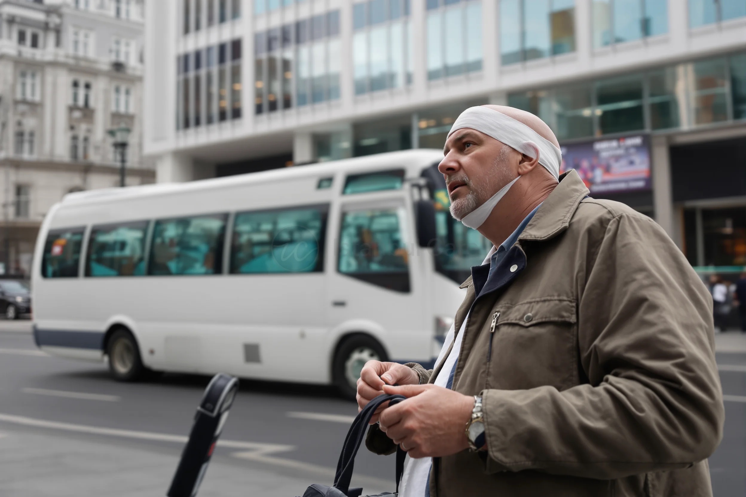 Bărbat cu bandaj post-operator pe cap, așteptând pe o stradă a orașului lângă un autobuz shuttle alb.