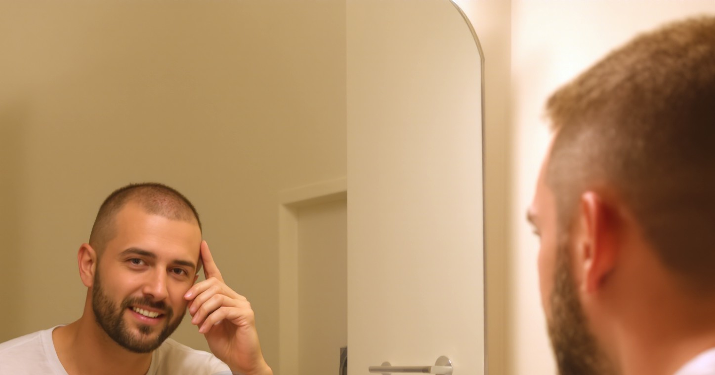 Un uomo non identificato con un taglio corto in piedi davanti allo specchio del bagno, una mano sulla tempia mentre studia la propria attaccatura dei capelli nel riflesso.
