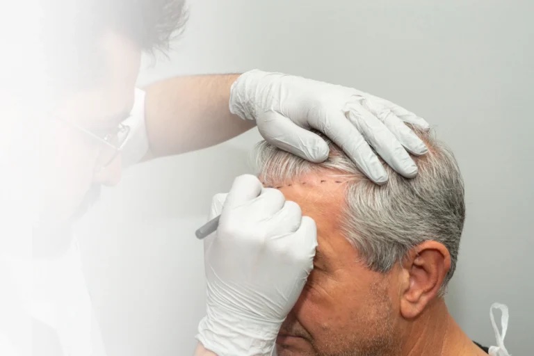 Mani guantate che lavorano lungo la linea frontale dei capelli di un paziente dai capelli grigi non identificato seduto in una clinica.