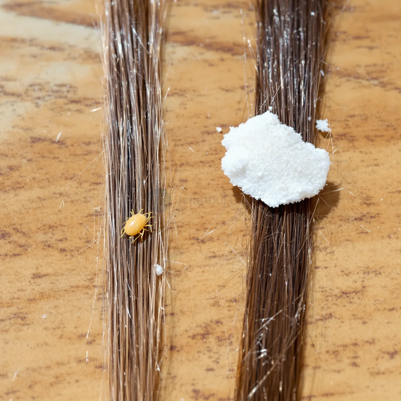 Close-up comparing a hair strand with a nit attached versus a strand with a loose dandruff flake