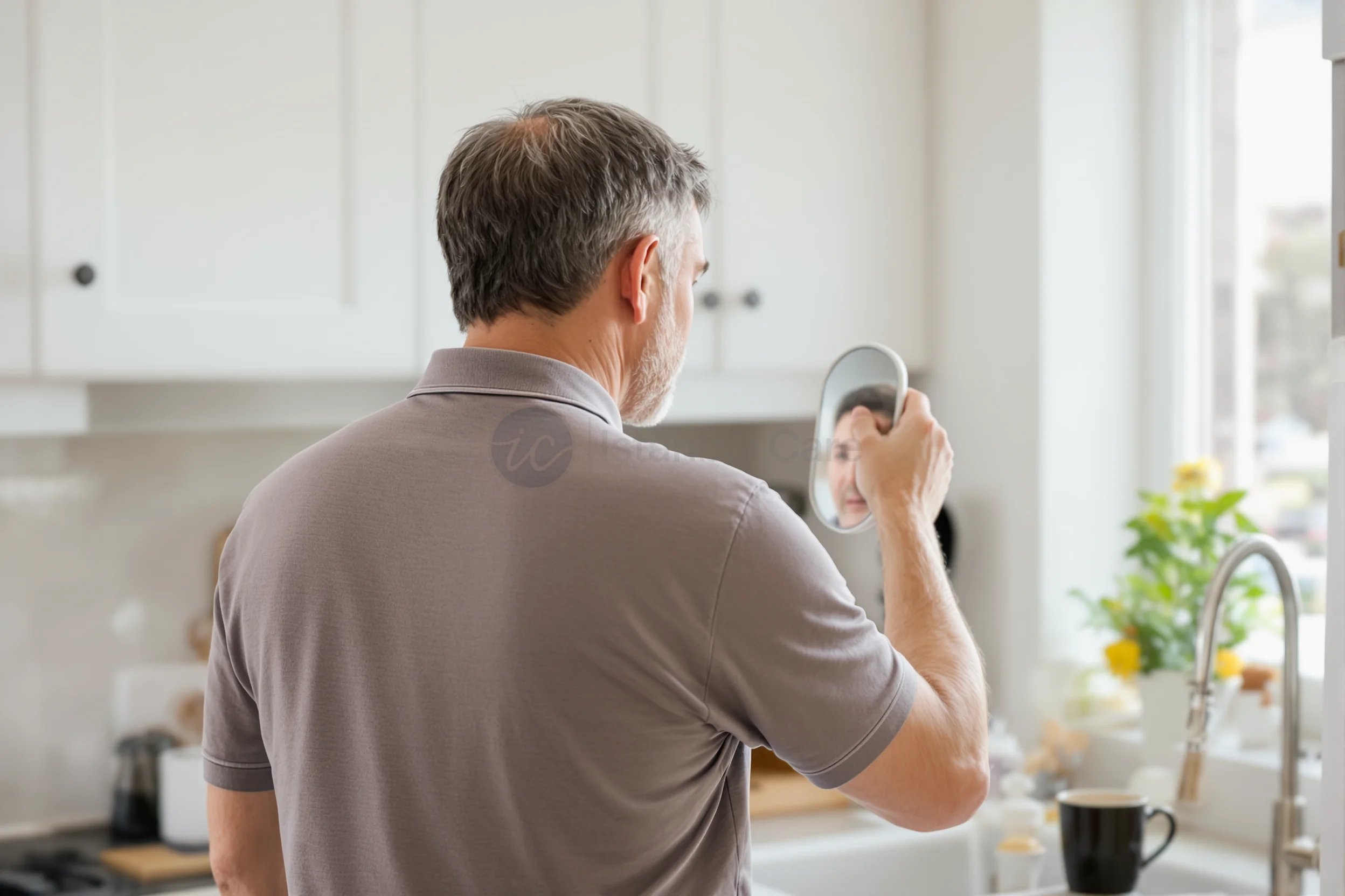 Man checking his hair in a hand mirror at home while tracking hair transplant progress month by month