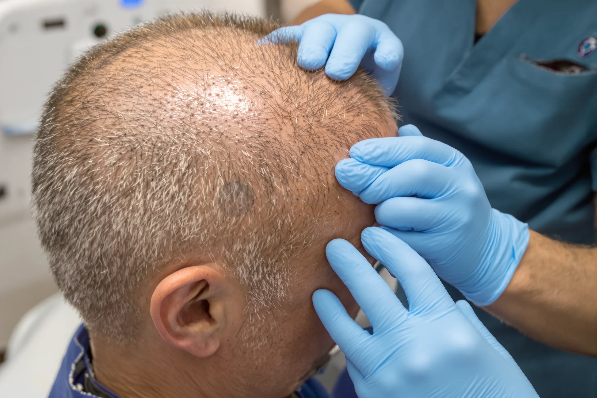 Close-up of a healing scalp with tiny graft scabs after a hair transplant being examined by a gloved clinician