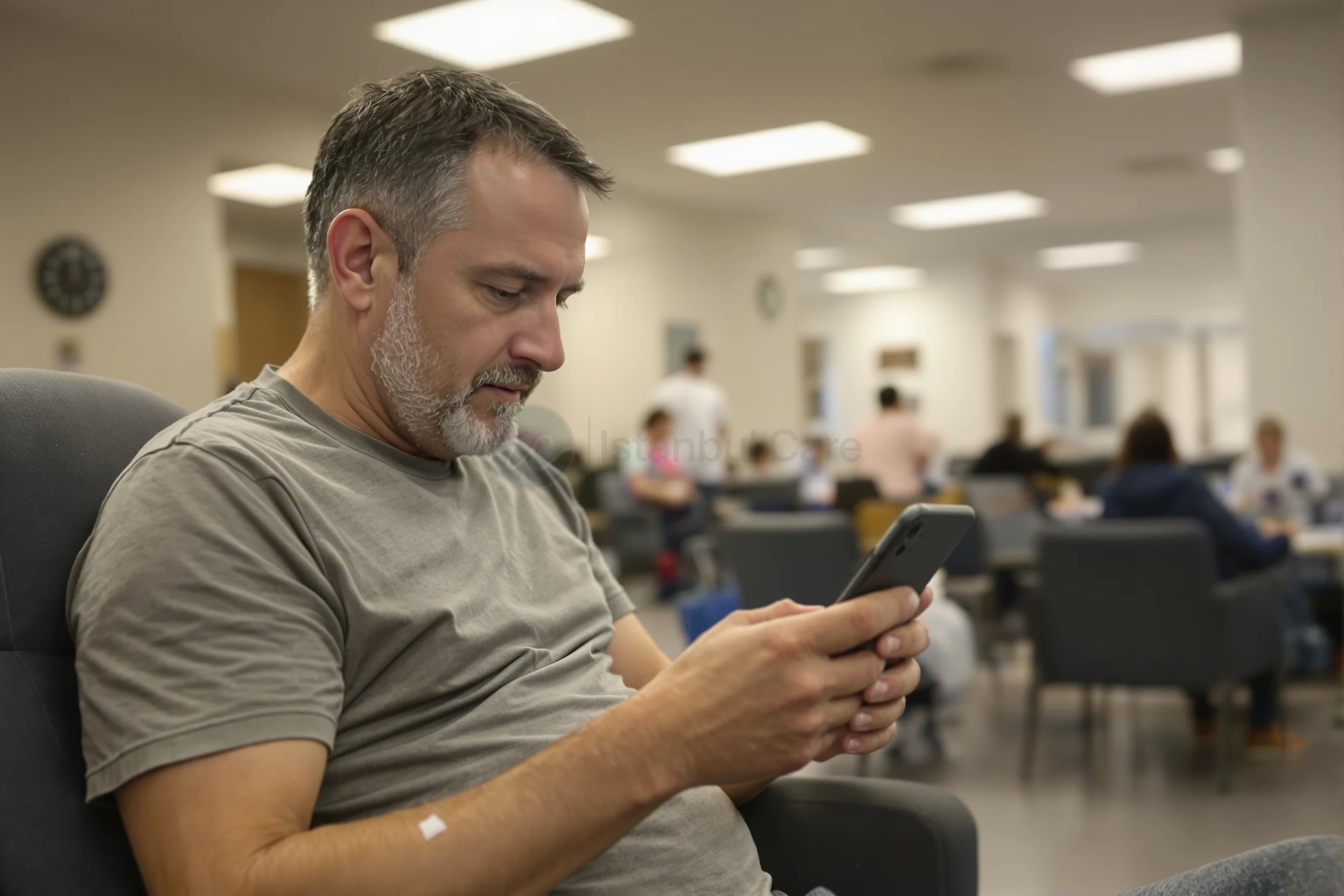 Patient checking his phone in a clinic waiting room before a hair loss consultation
