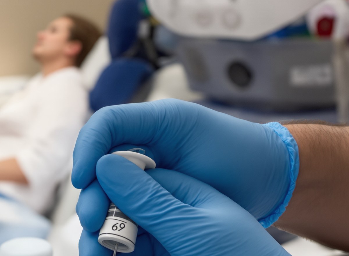 Clinician in blue gloves holding a prepared plasma vial and syringe beside a patient reclining on a treatment bed