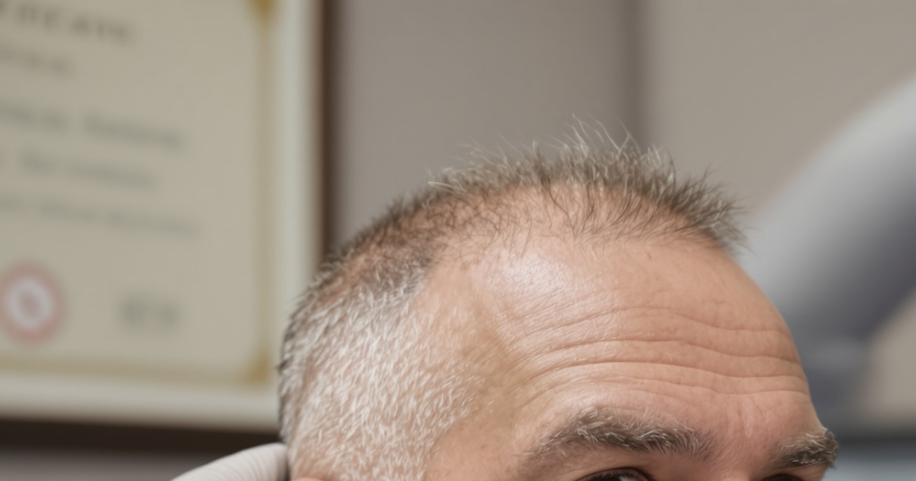 Vista laterale della tempia e dell'attaccatura frontale di un uomo non identificato in una clinica, che mostra l'angolo ritirato sopra il sopracciglio.