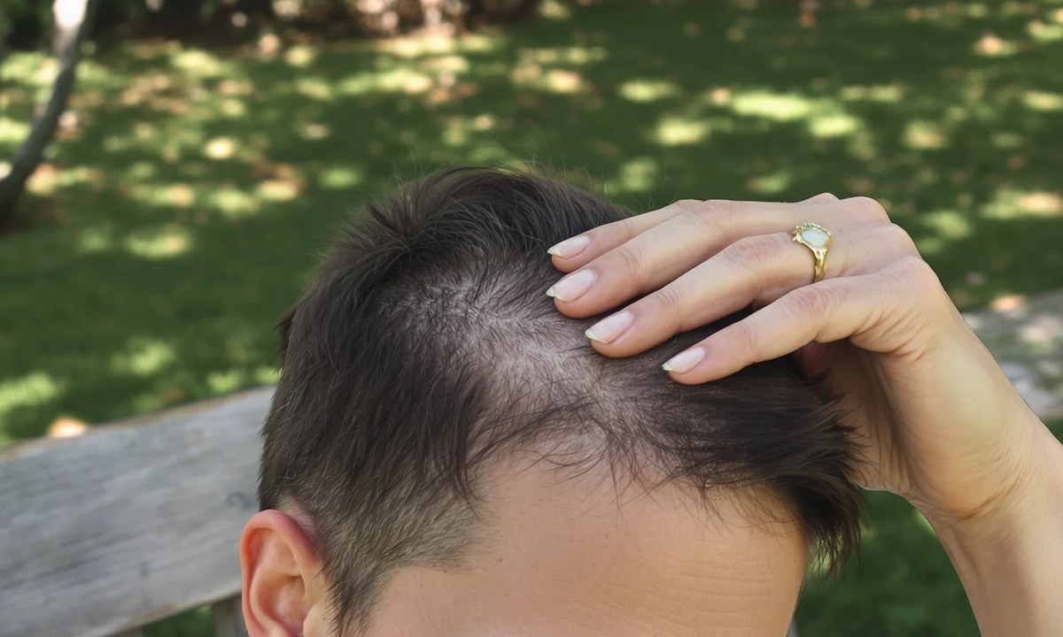 Woman lifting her hair outdoors to reveal a thinning patch at the crown
