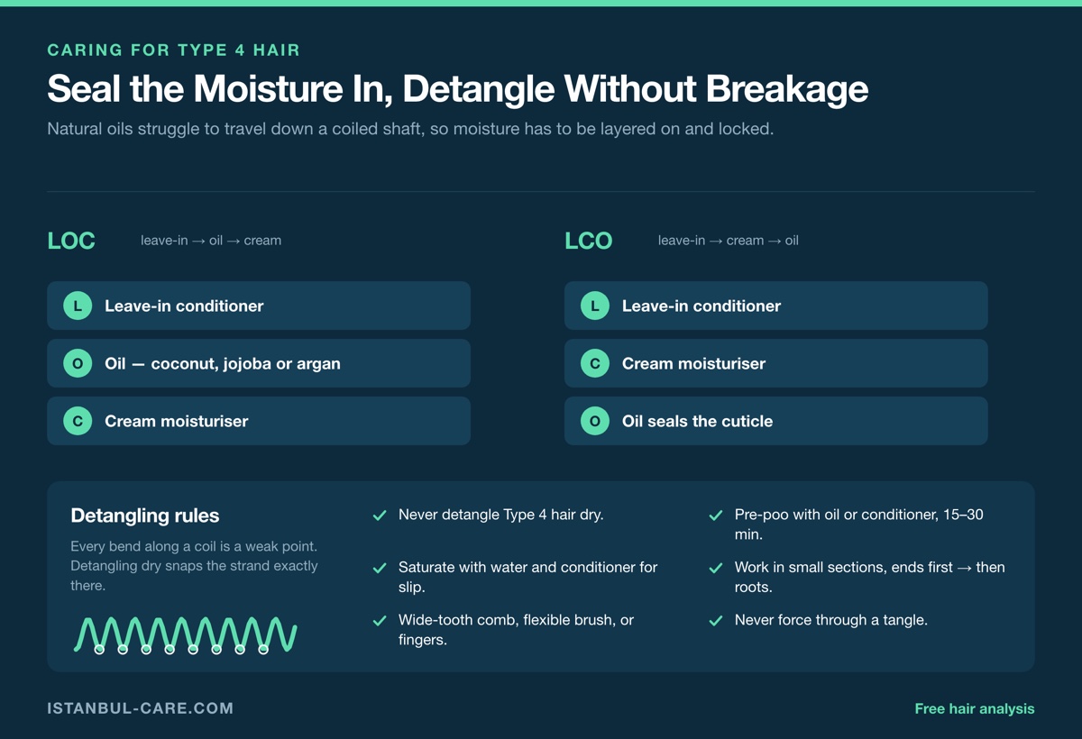LOC and LCO layering orders for Type 4 hair shown as stacked steps - leave-in, oil, cream versus leave-in, cream, oil - beside six detangling rules and a coil diagram marking each bend as a breakage point.