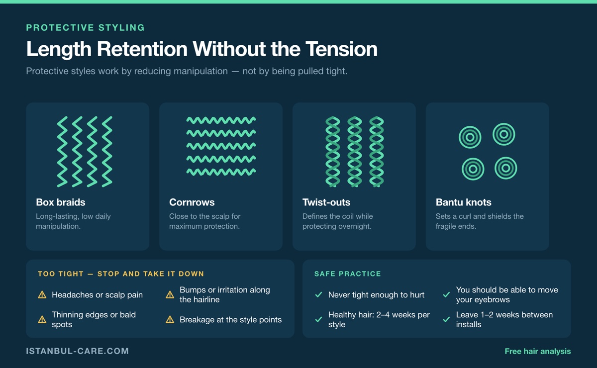 Four protective styles for Type 4 hair drawn as patterns - box braids, cornrows, twist-outs and bantu knots - with a warning panel on tension signs such as scalp pain and thinning edges, and a safe-practice checklist.
