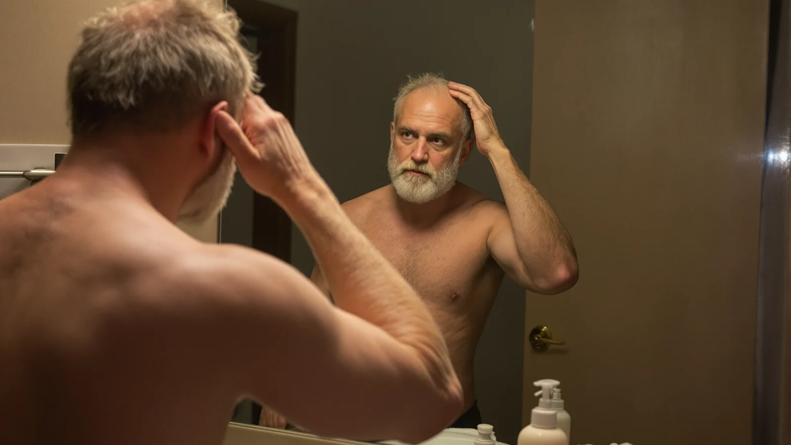 An older unidentified man at a bathroom mirror with one hand raised to his temple, examining his own hairline in the reflection.